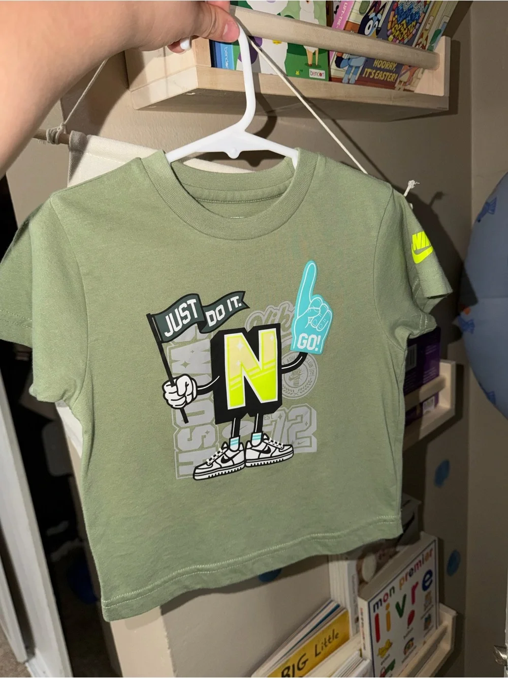 Nike Olive Green Short-Sleeve Graphic Tee with Neon Accents
